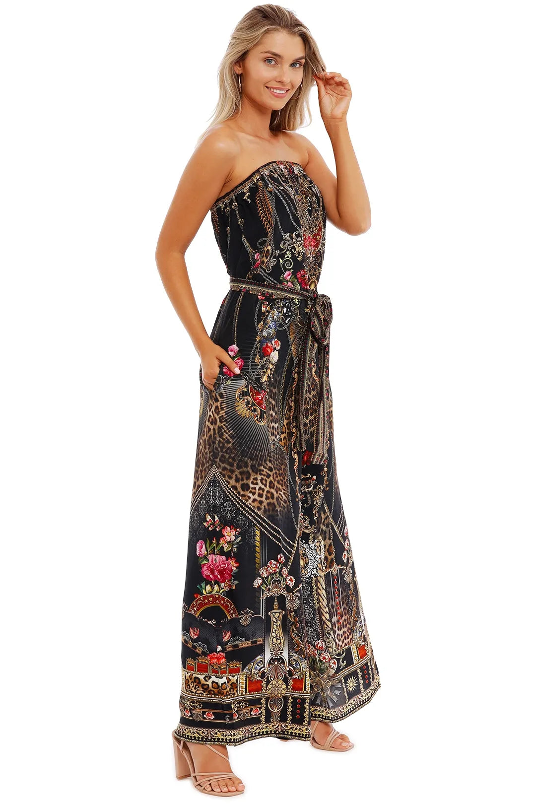 Camilla Tie Waist Strapless Jumpsuit in Gothic Goddess size S