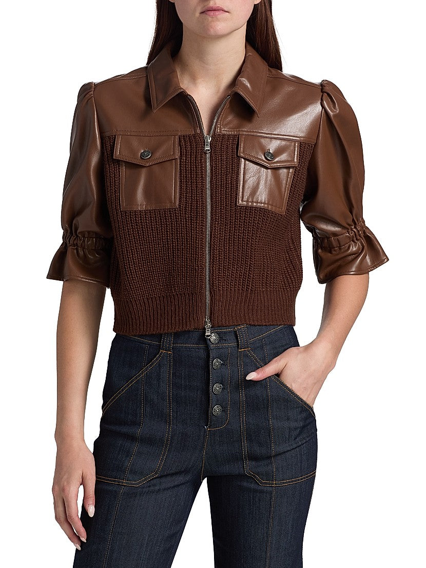 Cinq a Sept Holly Mixed Media Jacket Brown Chocolate Leather size XXS