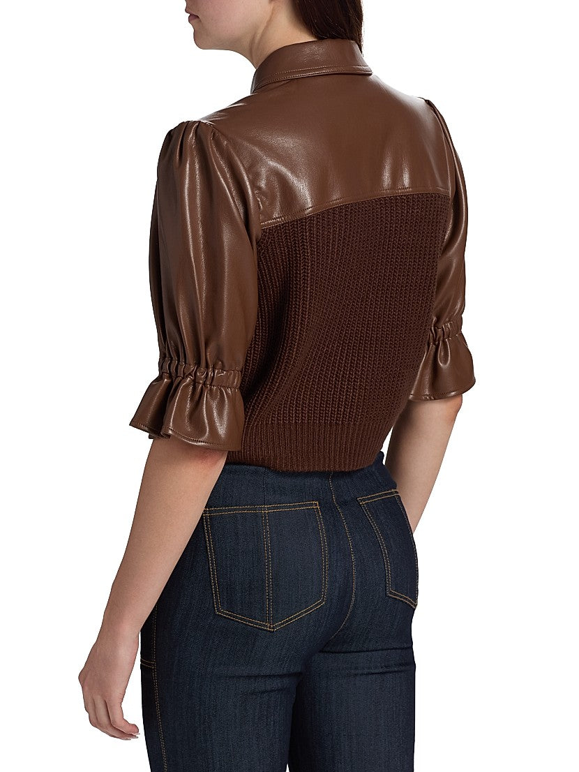 Cinq a Sept Holly Mixed Media Jacket Brown Chocolate Leather size XXS
