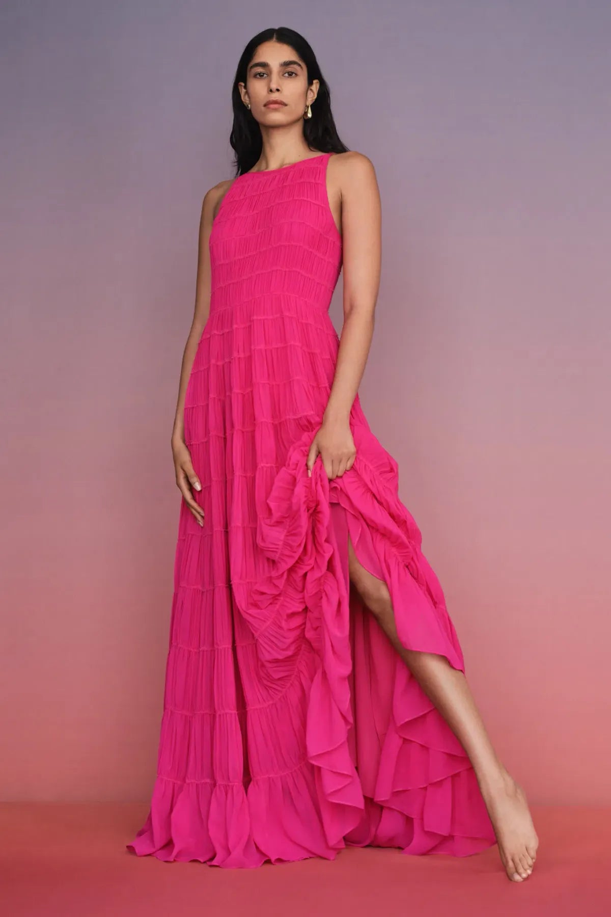 Aje Rosewood Tiered Shirred Ruffled Chiffon Gown Magenta size US 6