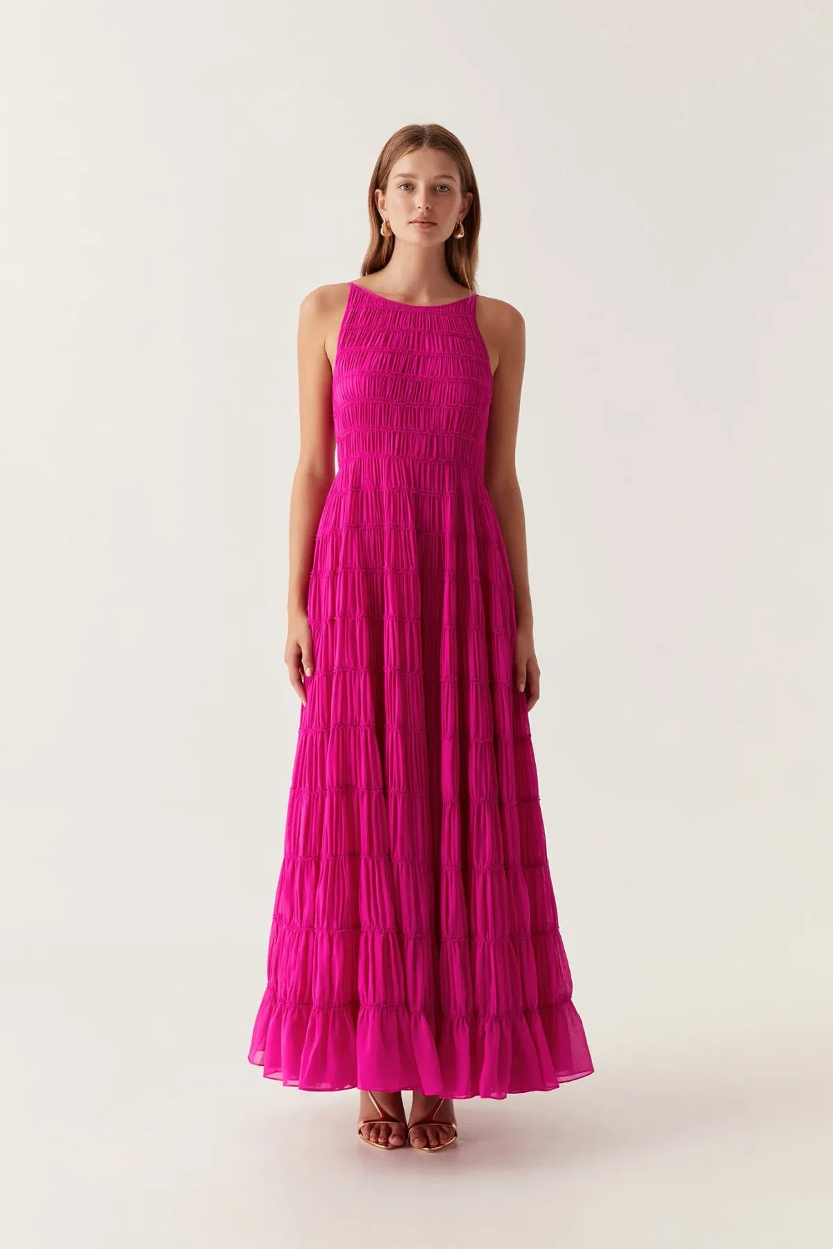 Aje Rosewood Tiered Shirred Ruffled Chiffon Gown Magenta size US 6