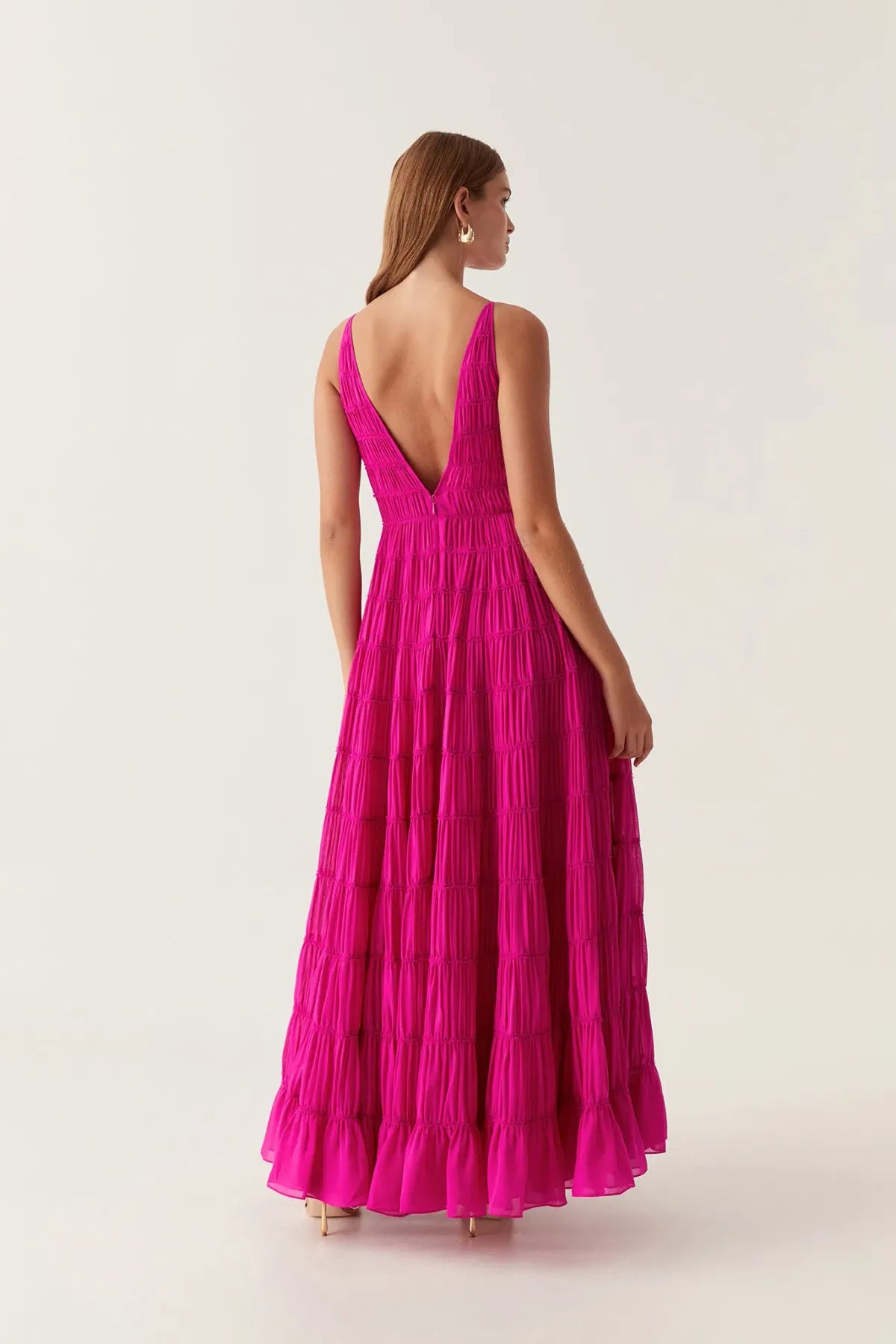 Aje Rosewood Tiered Shirred Ruffled Chiffon Gown Magenta size US 6