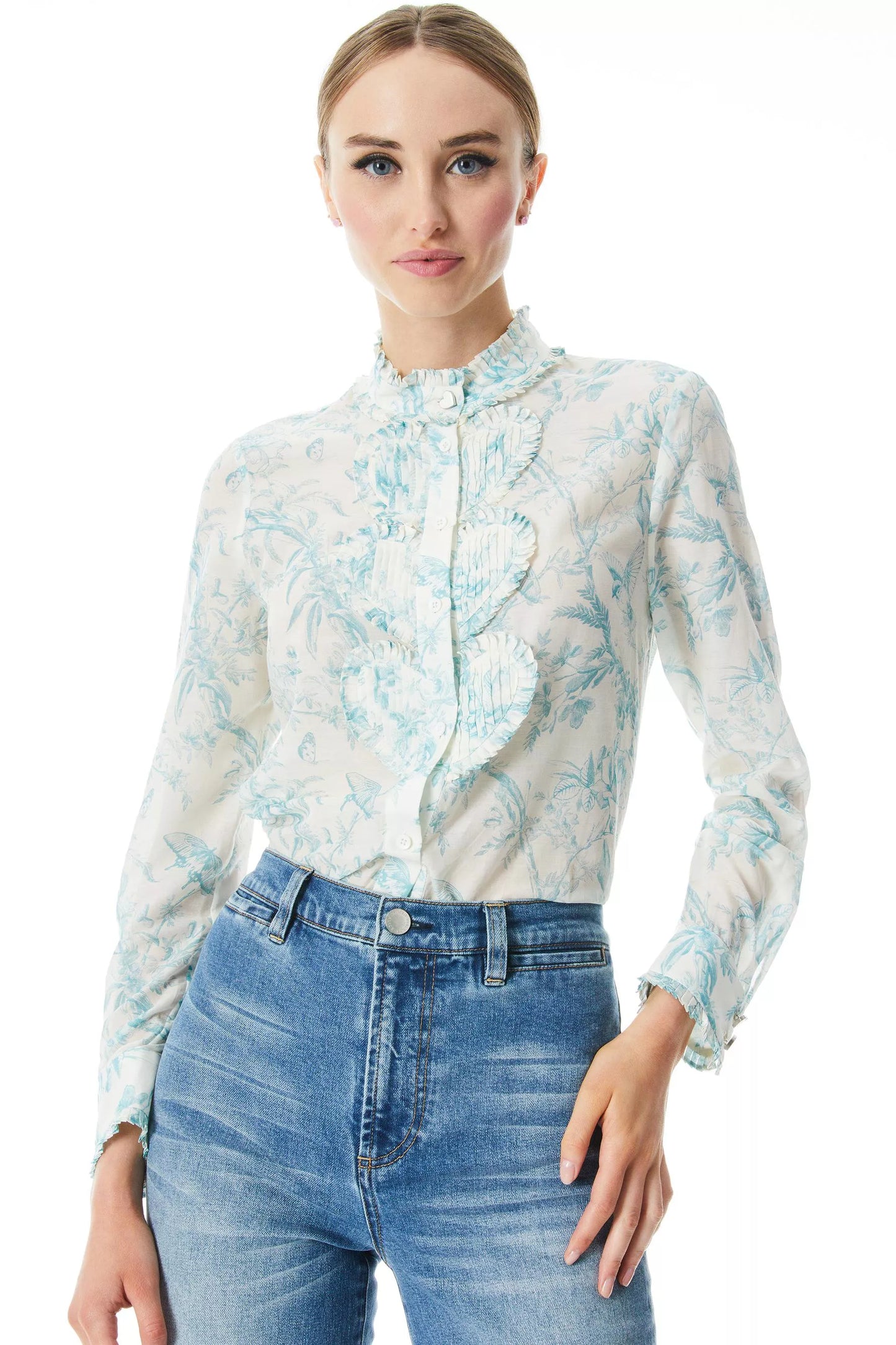 Alice and Olivia Kurt Ruffled Blouse Cream Light Blue size S