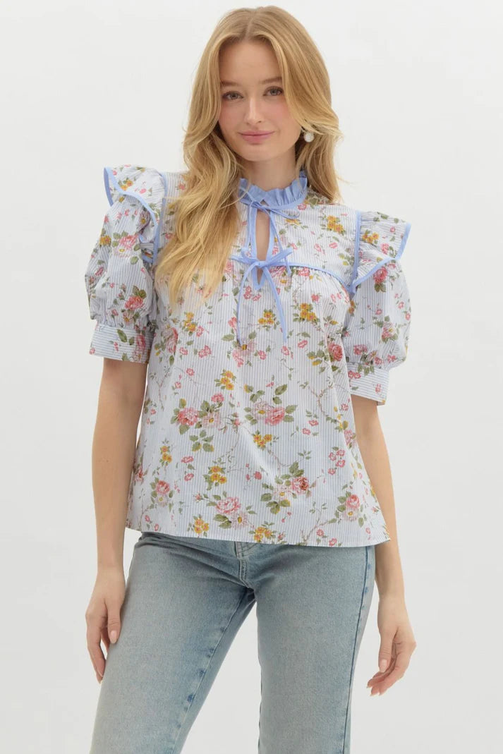 Entro Blue Piff Ruffled Short Sleeve Floral Top size S