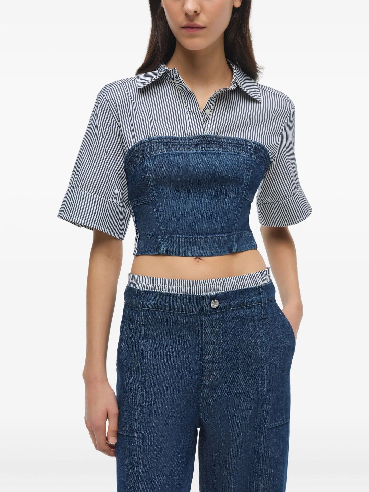 Simkhai Indigo Stripes Adams Shirt and Kori Double Waistband Jeans size 0/S