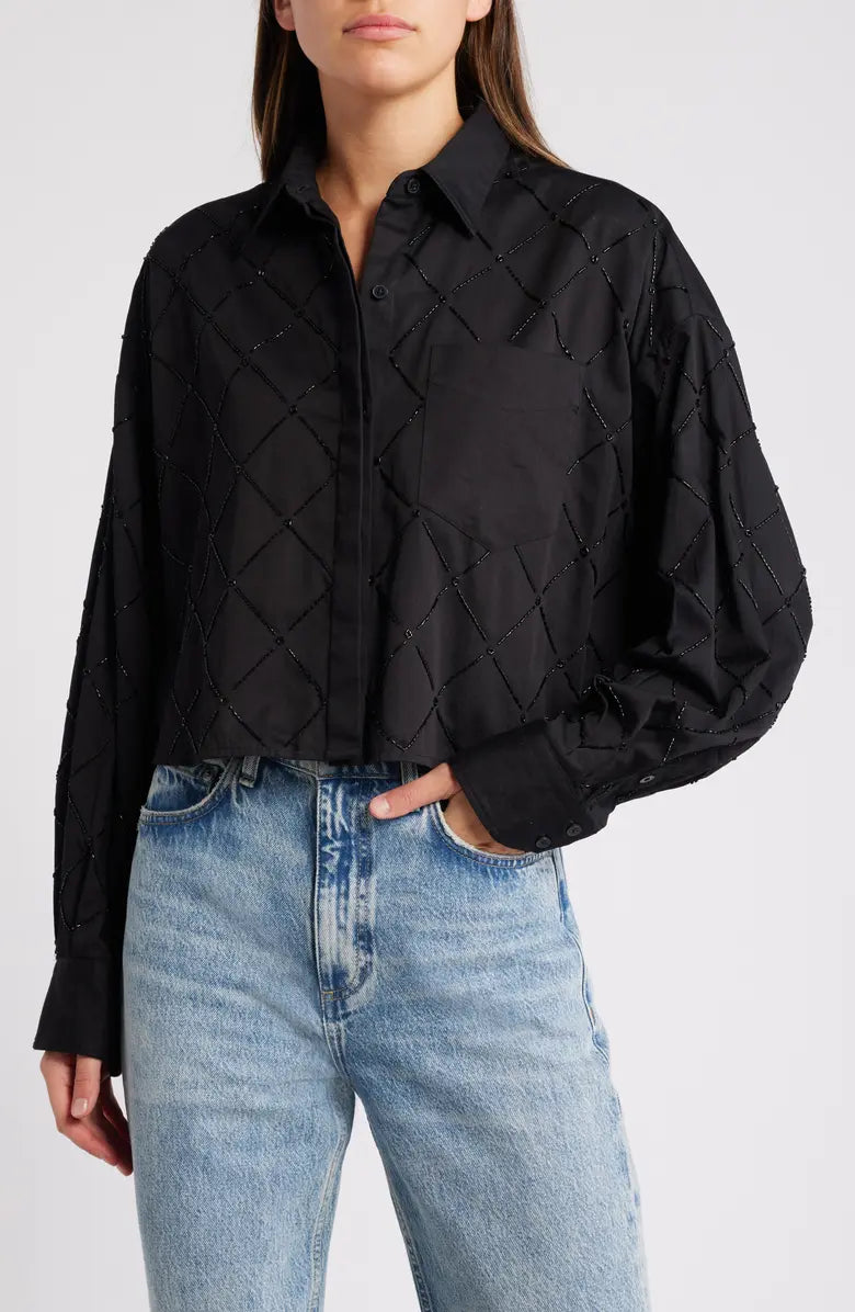 Rag & Bone Beatrice Embroidered Cropped Shirt Black size XS