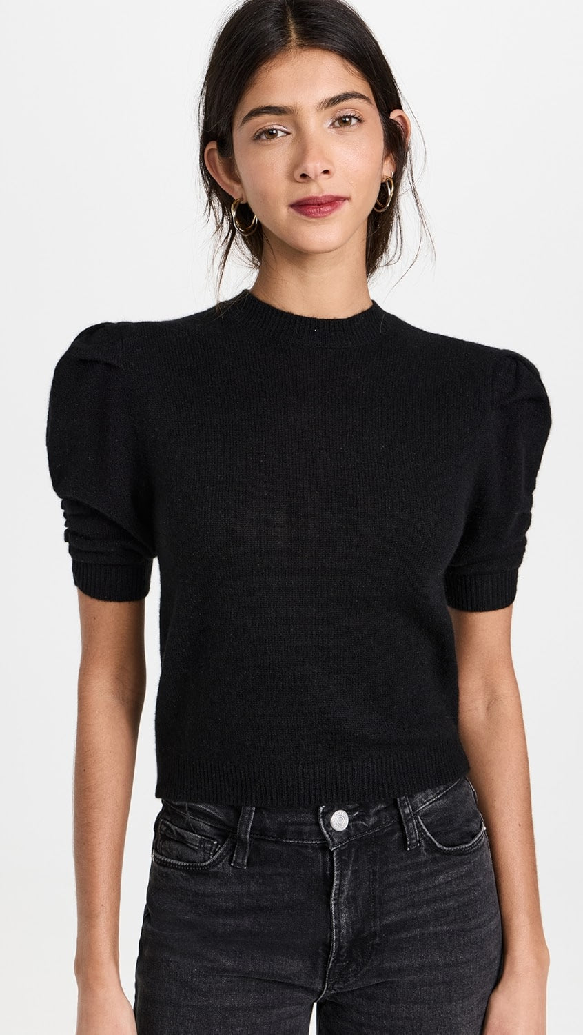 Frame Ruched Sleeve Cashmere Sweater Noir size S