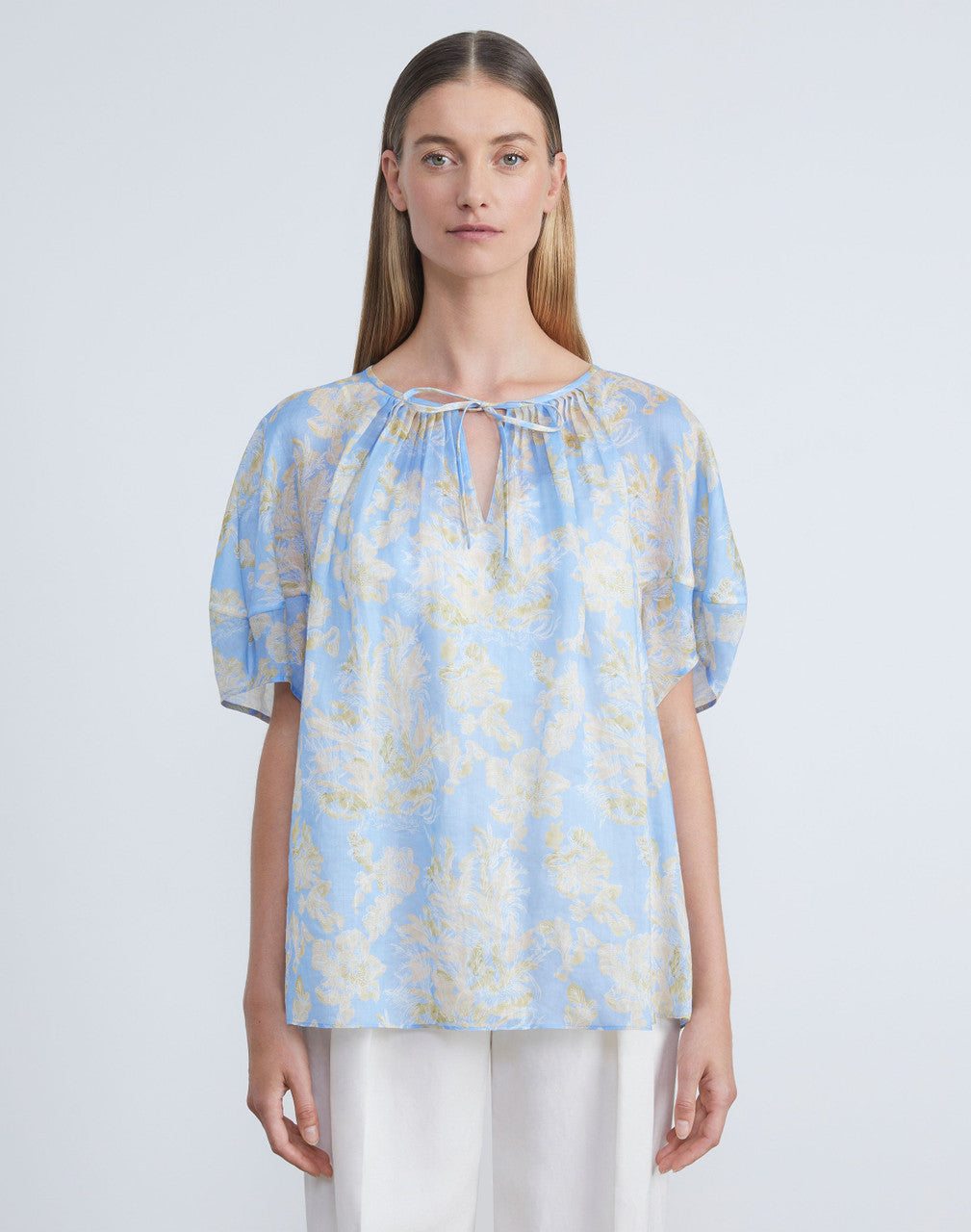 Lafayette 148 Floral Print Tie Neck Top size XS