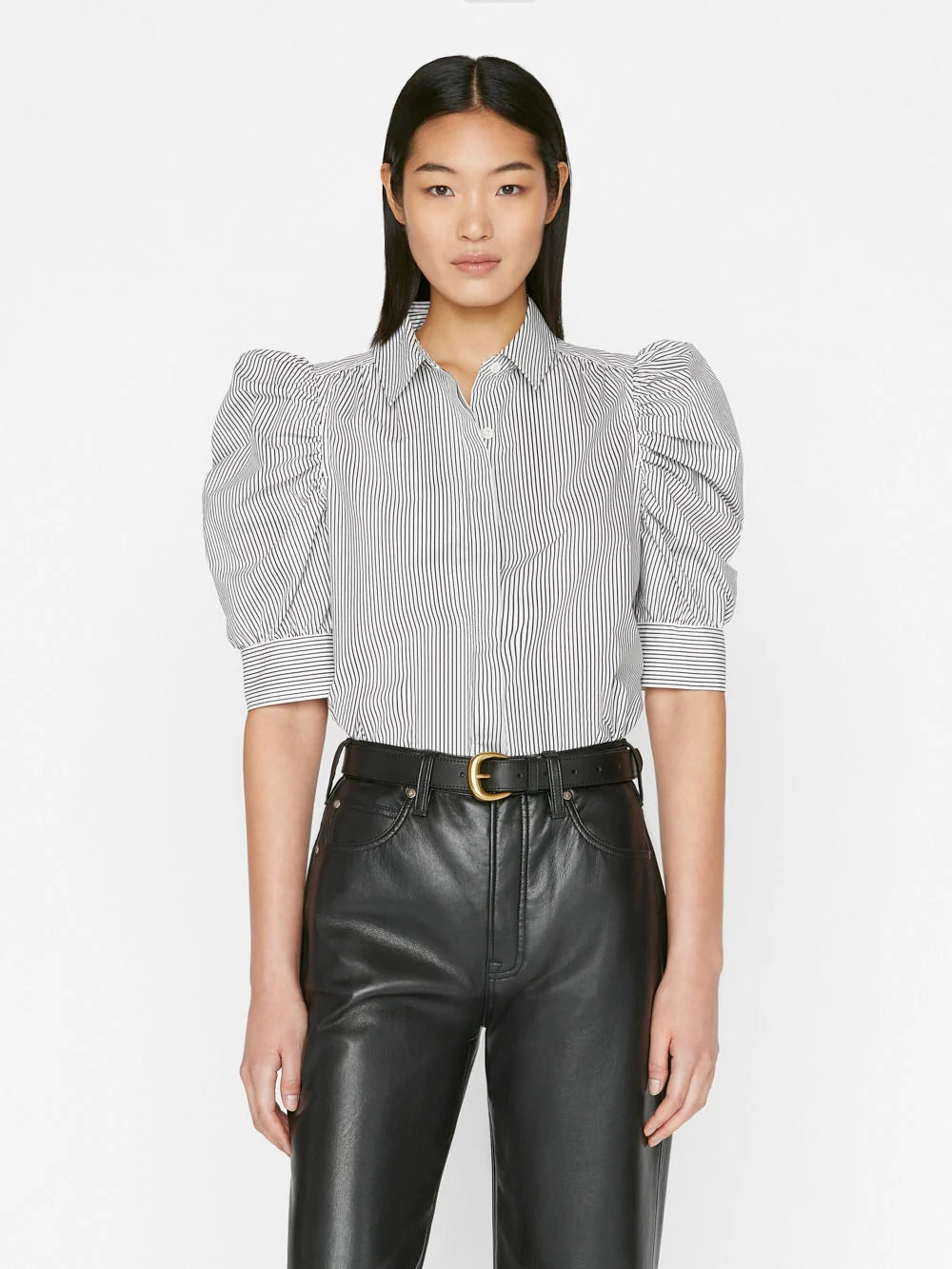 Frame Ruched Puff Sleeve Shirt in Noir Multi size M