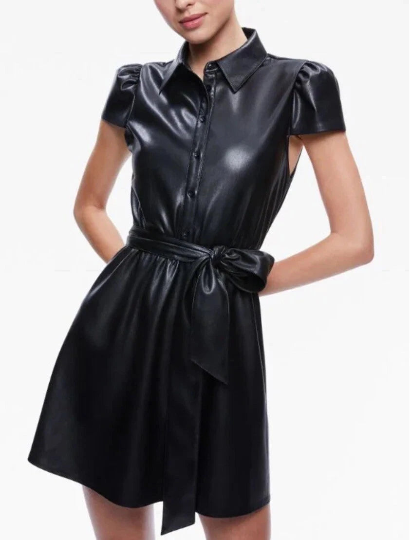 Alice and Olivia Carolyn Cap Sleeve Faux Leather Shirt Dress size 6