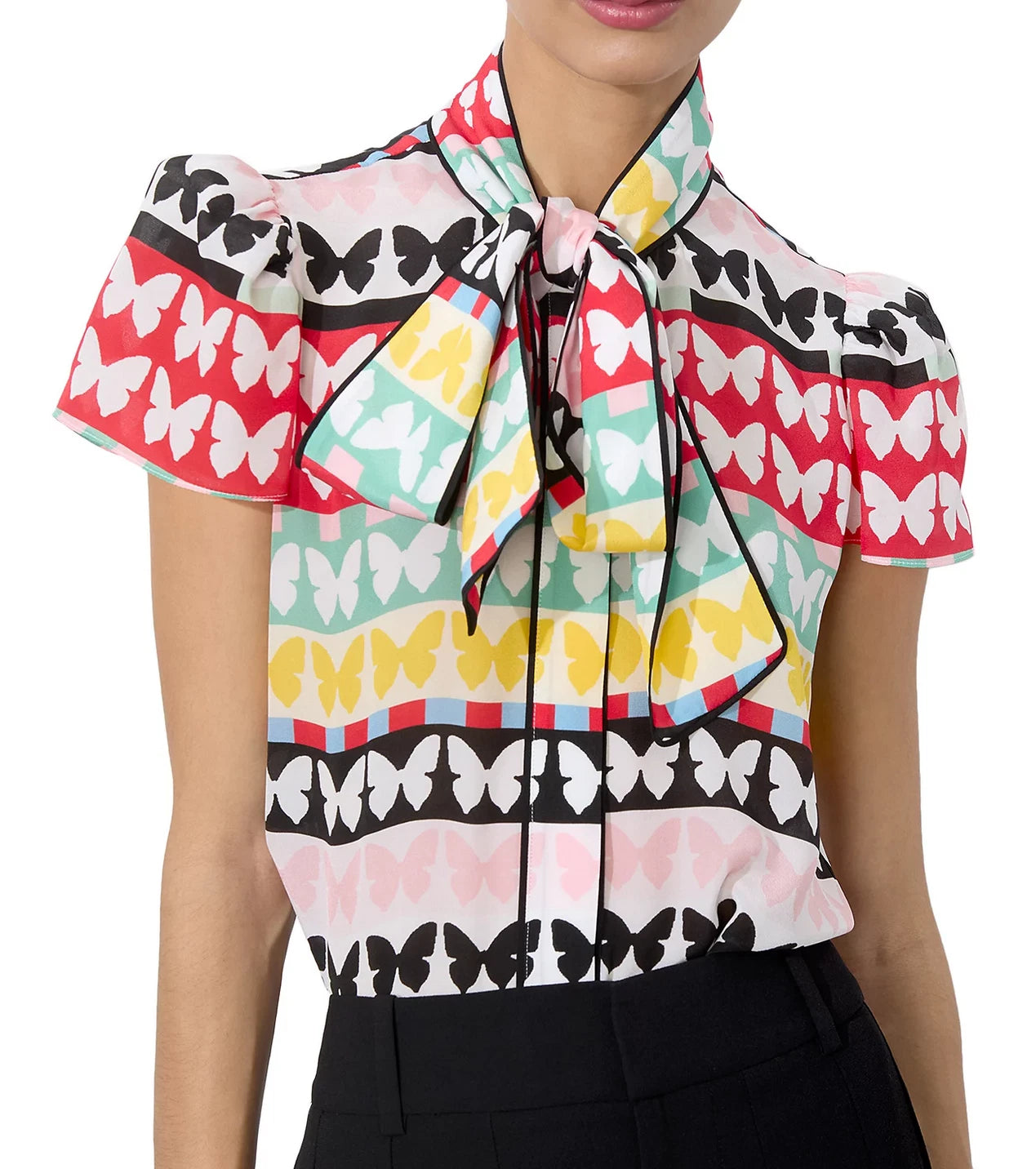 Alice + Olivia Jeannie Butterfly Print Piped Bow Silk Top size S