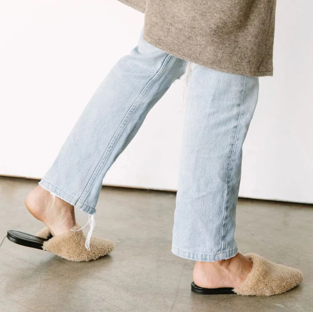 Jenni Kayne Shearling Mules Shoes Natural Tan Size 39 US 9