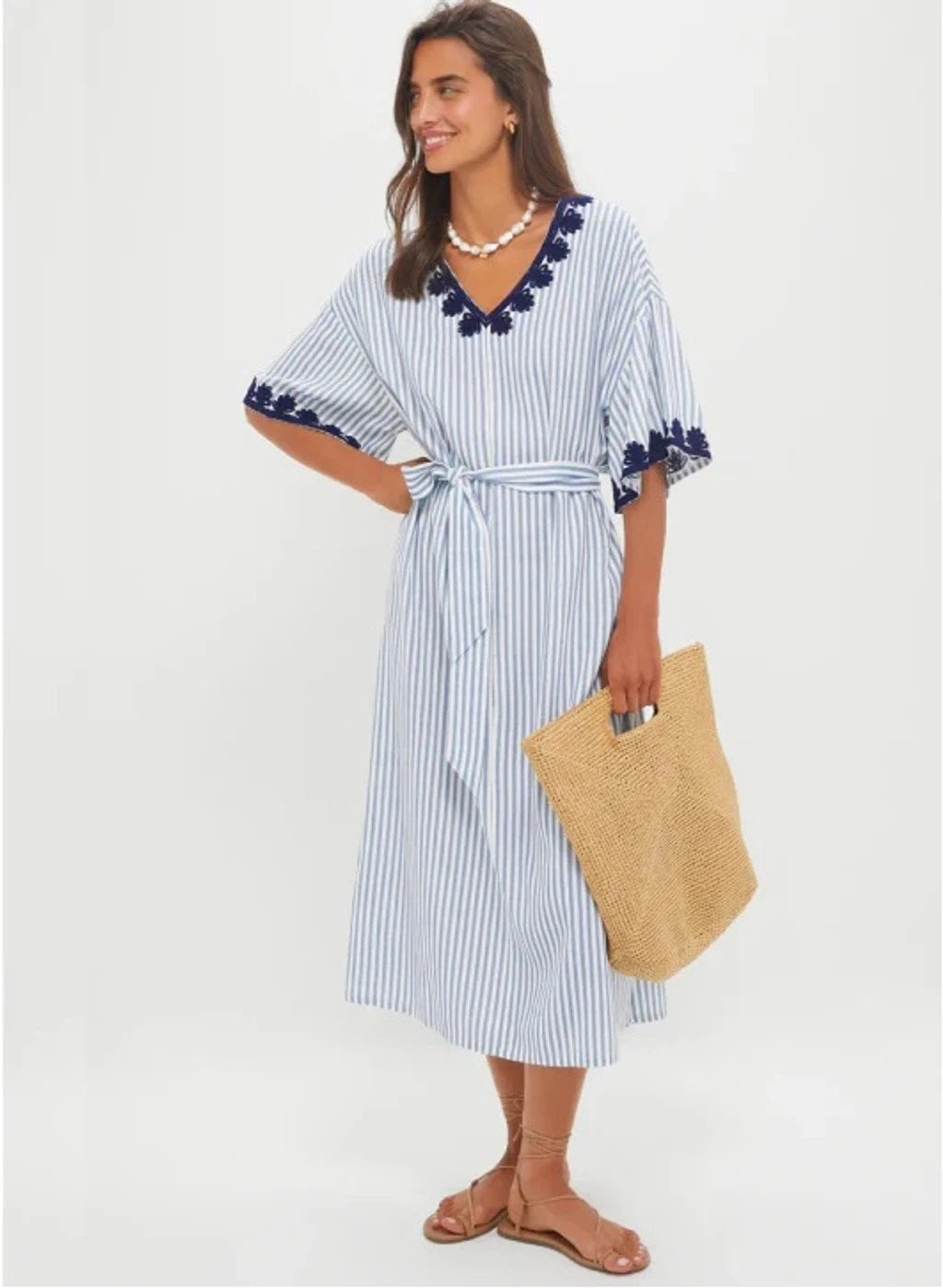 Tuckernuck Blue Stripe Embroidered Tie Waist Caftan size XXXL