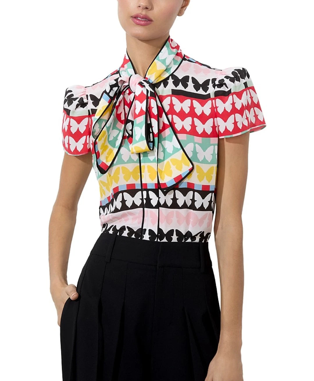 Alice + Olivia Jeannie Butterfly Print Piped Bow Silk Top size S