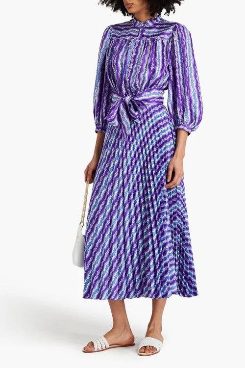 Sandro Peninsula Silk Top and Perona Stripe Pleated Skirt size 38 US 8