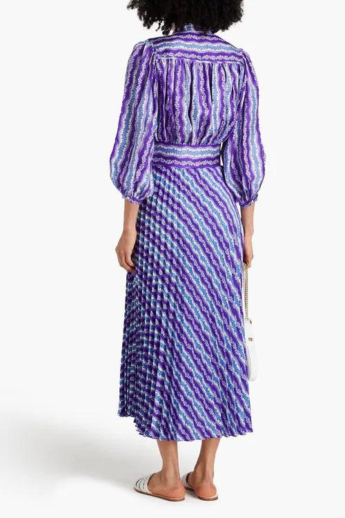 Sandro Peninsula Silk Top and Perona Stripe Pleated Skirt size 38 US 8