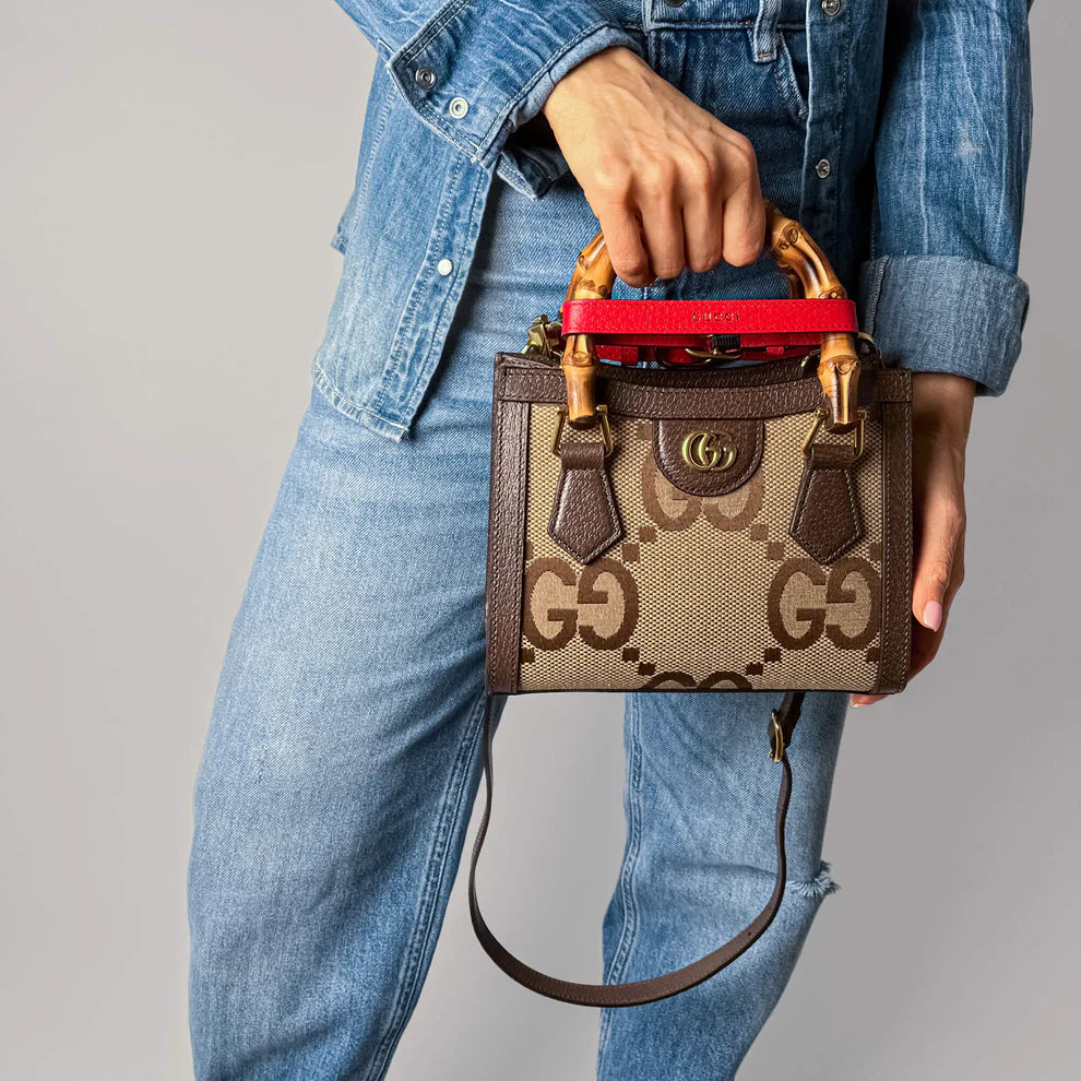Gucci Mini Jumbo GG Canvas 2-Ways Tote Handbag Brown