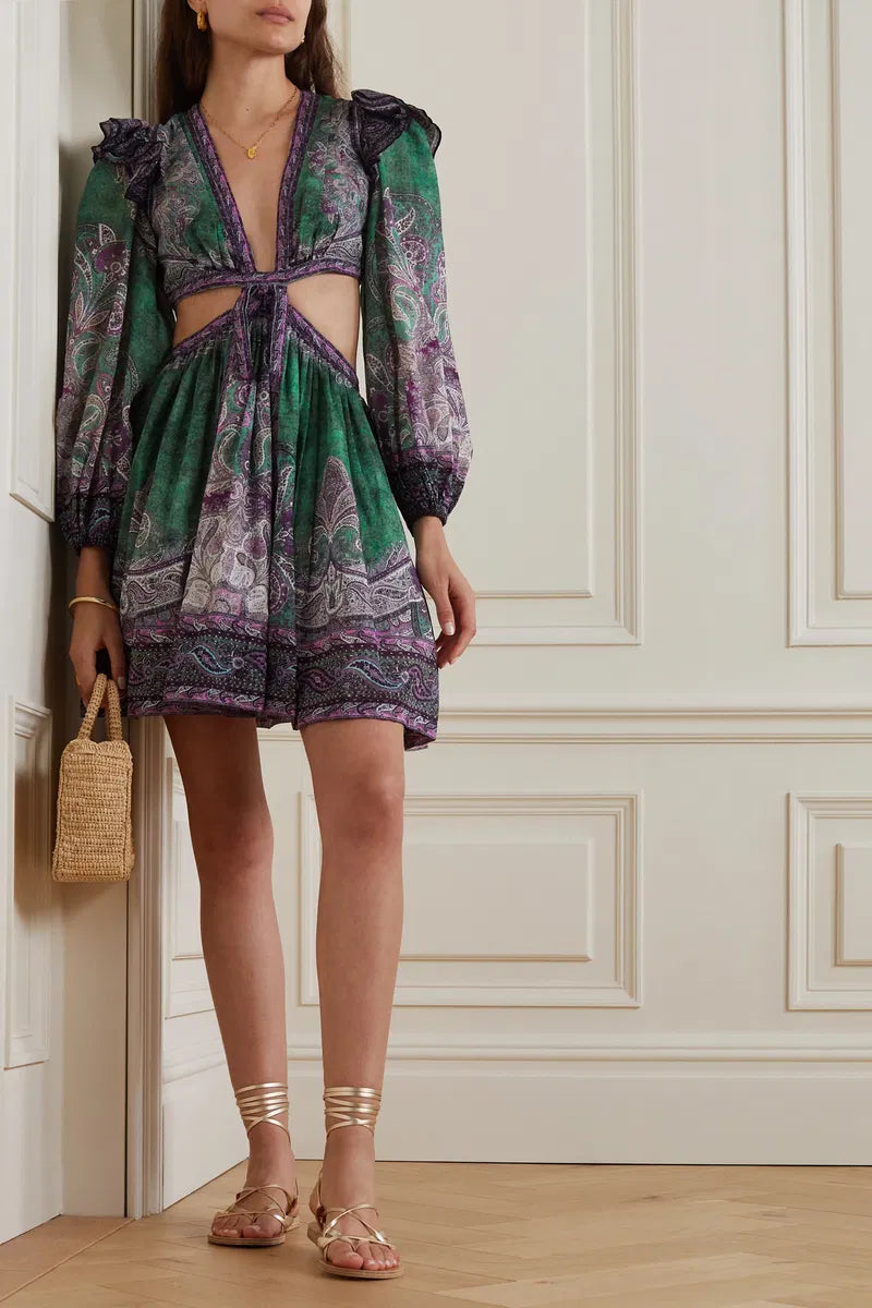 Zimmermann Anneke Ruffle Mini Dress Teal Paisley size 2 US 8