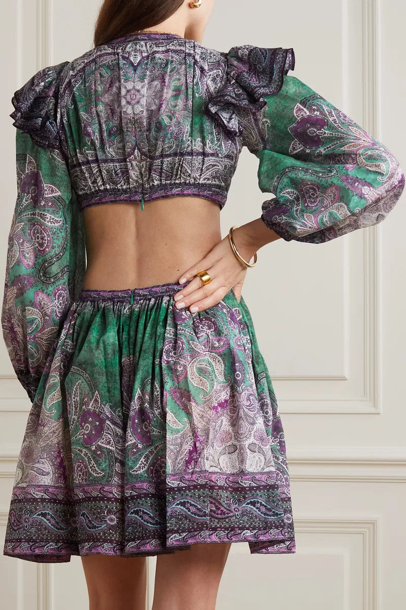 Zimmermann Anneke Ruffle Mini Dress Teal Paisley size 2 US 8