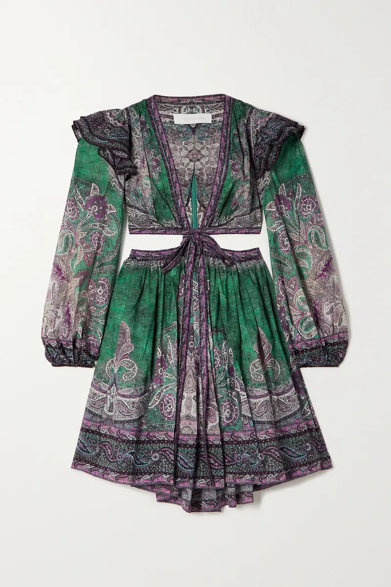 Zimmermann Anneke Ruffle Mini Dress Teal Paisley size 2 US 8